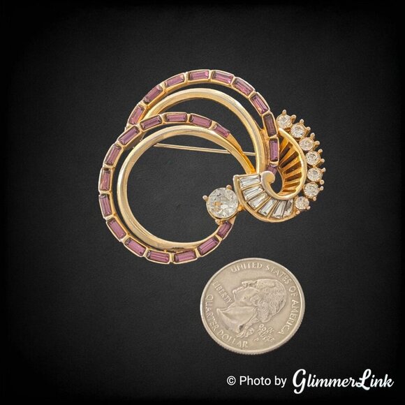 MCM Purple & Clear Rhinestone Brooch | BB Signed | Gold Tone Double Circle Retro - Picture 4 of 7